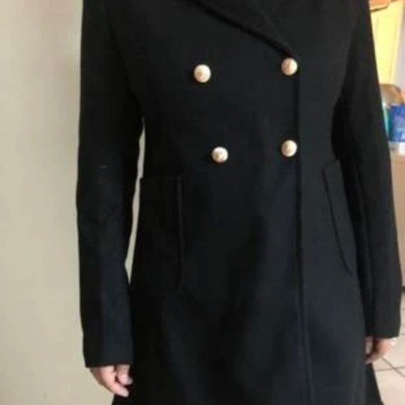 Double Breasted Lapel Collar Button Up pocketed Overcoat Black - Picture 6 of 9